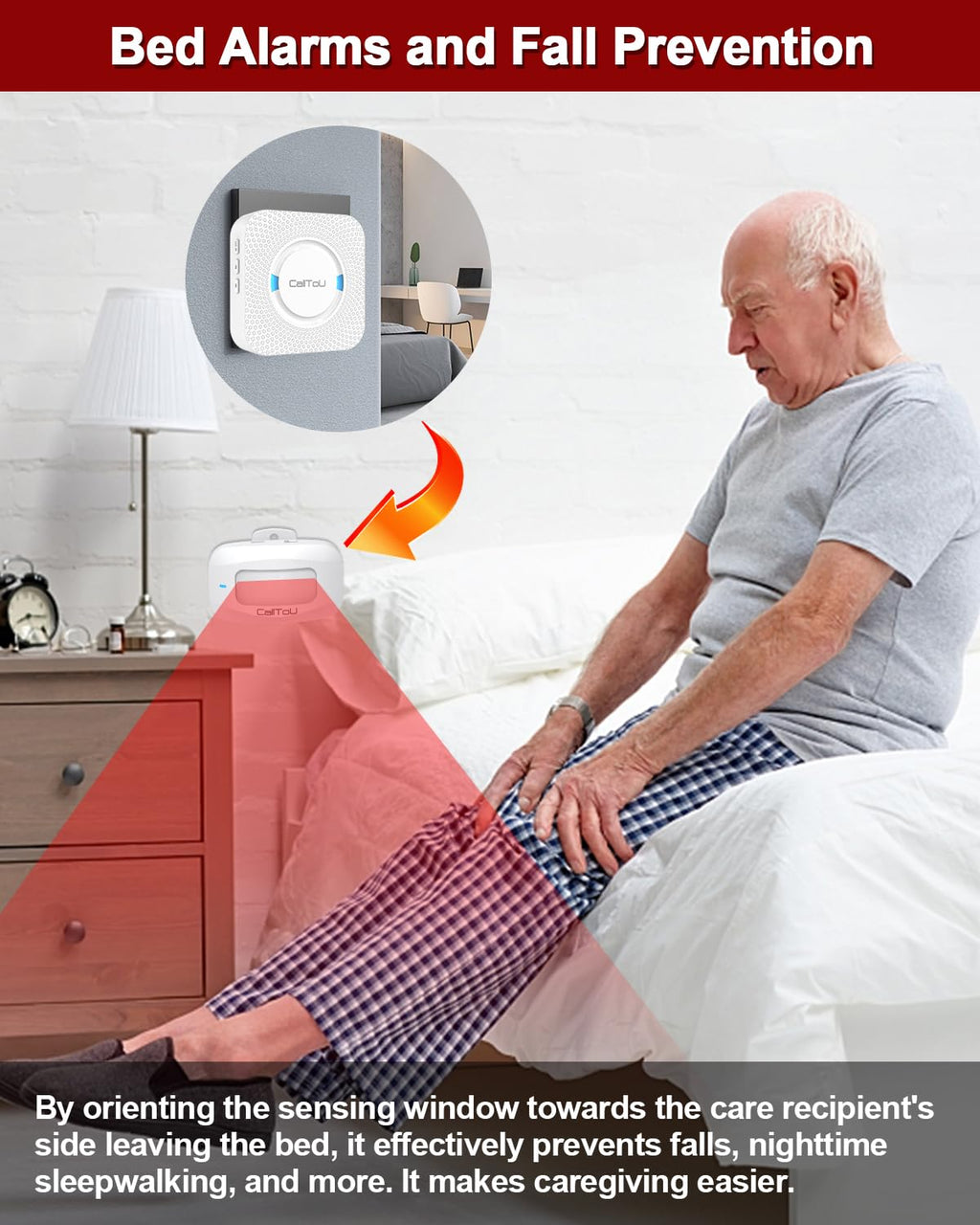 CallToU Bed Sensor Alarm and Fall Prevention for Elderly Wireless Caregiver Pager Motion Sensor&Detector Alert Monitor System 500FT for Home/Elderly/Patient/Dementia 1 Plug-in Receiver 1 Motion Sensor