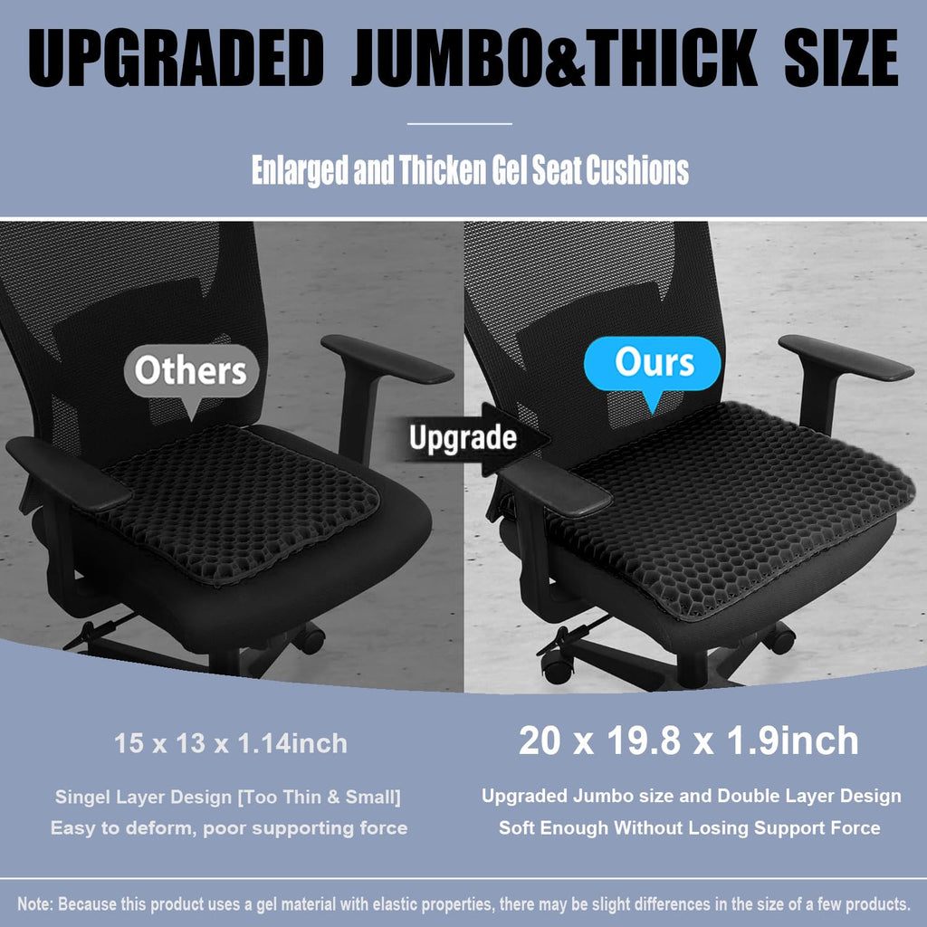 20" Gel Seat Cushion for Long Sitting(Jumbo&Thick) – Office Chair Cushion – Wheelchair Cushions for Pressure Sores – Non-Slip Desk Chair Car Seat Cushion Driving – Sciatica & Back Pain Relief