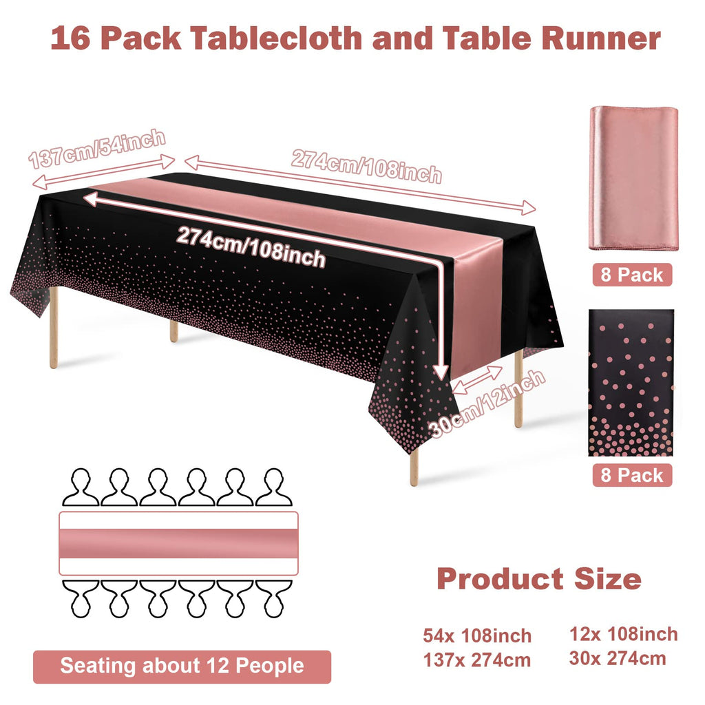 16Pack Disposable Plastic Tablecloths and Satin Table Runner Set Black and Rose Gold Dot Tablecloth Gold Satin Table Runner for Wedding Birthday Baby Shower Anniversary Christmas New Year Party Supply