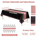 16Pack Disposable Plastic Tablecloths and Satin Table Runner Set Black and Rose Gold Dot Tablecloth Gold Satin Table Runner for Wedding Birthday Baby Shower Anniversary Christmas New Year Party Supply