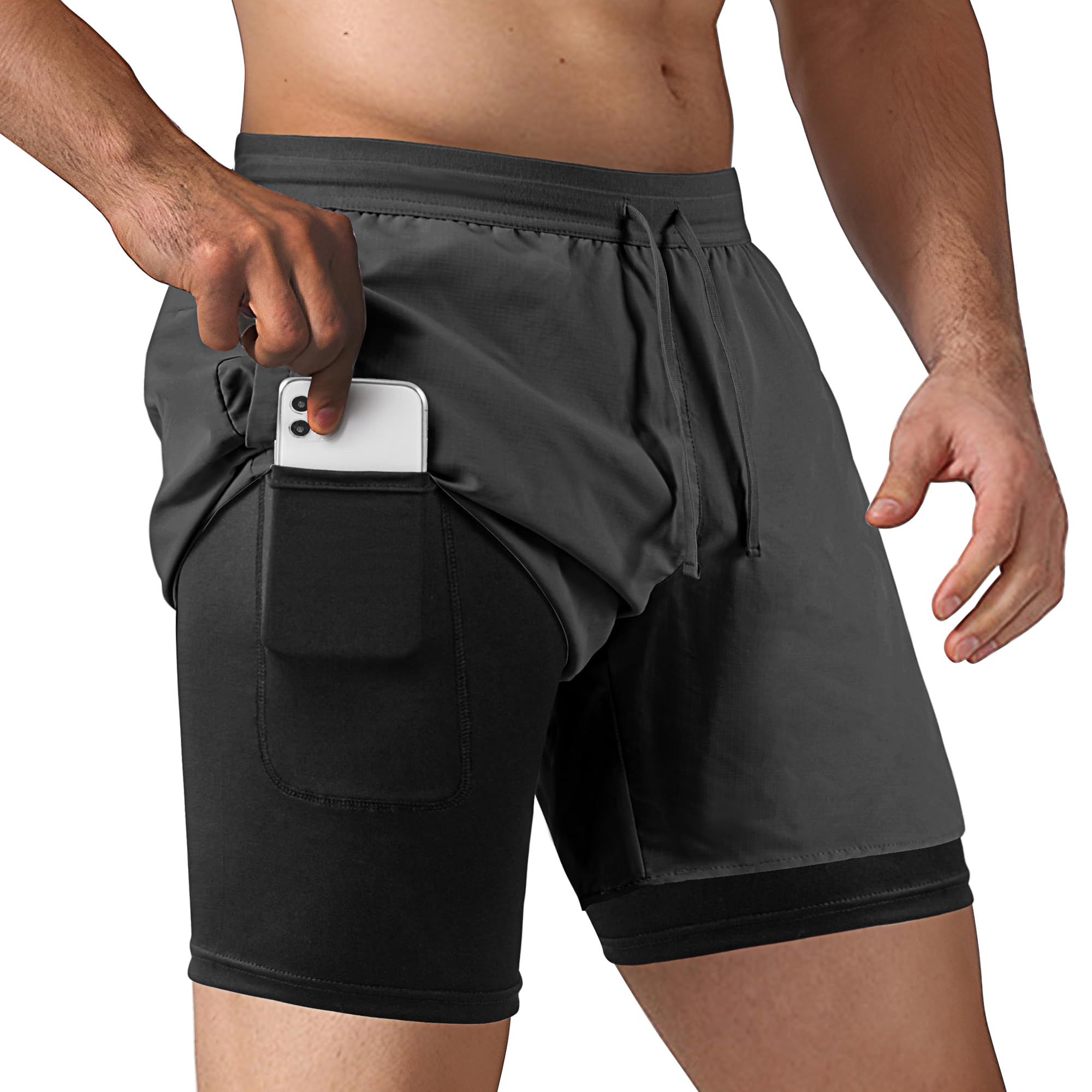 Men's 2 in 1 Running Shorts Workout Athletic Shorts Outdoor Sports with Liner Lightweight Training Yoga Gym Shorts with Phone Pockets Dark Gray
