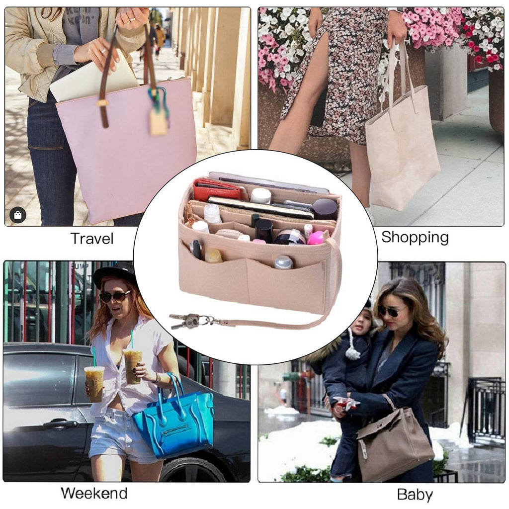 Purse Organizer Insert, Felt Bag Organizer with Metal Zipper, Handbag & Tote Shaper, For Speedy Neverfull Tote, 7 Sizes(Medium, Beige)