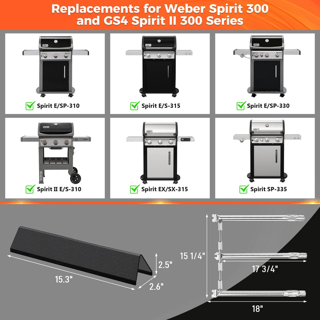 Spirit e310 Grill Parts, 7636 Flavorizer Bars and 69787 Burner Tube Kit for Weber Spirit 300 and GS4 Spirit II E310 Spirit E310 E/S315 E/S320 Grills With Front Control, Heat Plates 15.3" & Burner 18"