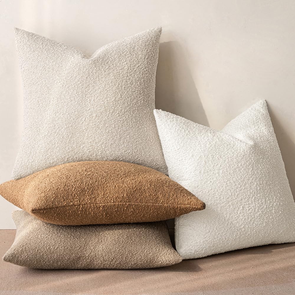 MIULEE Set of 2 Beige Throw Pillow Covers 20x20 Inch Decorative Couch Pillow Covers Textured Boucle Accent Solid Christmas Pillow Cases Soft for Cushion Chair Sofa Bedroom Livingroom Home Decor
