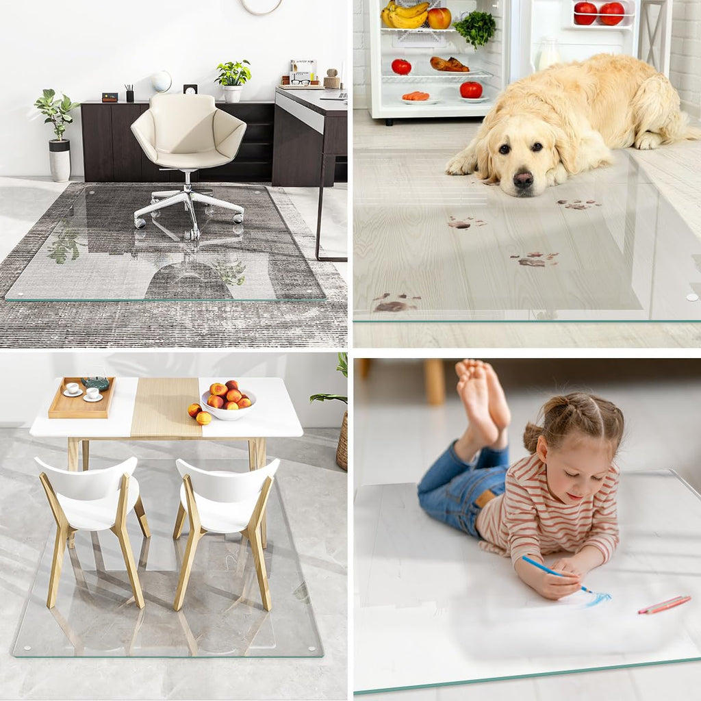 Tempered Glass Floor Mat for Office Chair, 36" x 46" Heavy Duty Hard Office Chair Mat, for Carpeted or Hard Floor, with 4 Anti-Slip Pads, Transparent