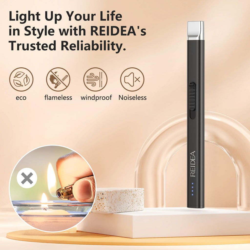 REIDEA Electric Lighter Candle Lighter, Windproof Flameless USB Rechargeable Arc Retractable Lighter with Safe Button and Power Indicator for Candle, BBQ and Fireworks, R1 Flat, Obsidian Black