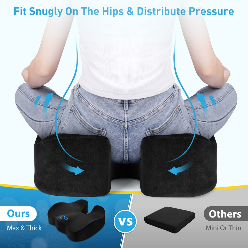 BlissTrends Seat Cushion,5.2in Thick Memory Foam Cushions for Office Chair, Car Seat, Airplane, Relieving Pressure Tailbone Sciatica Back Pain for Long Sitting Office Workers, Car Drivers Black