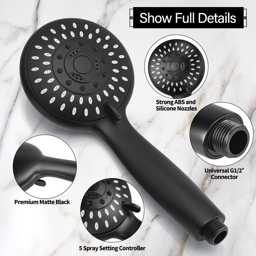 Shower Head with Handheld, Briout 5-Settings Showerhead High Pressure Powerful Water Spray Shower Head with Stainless Steel Hose and Adjustable Mount, Matte Black