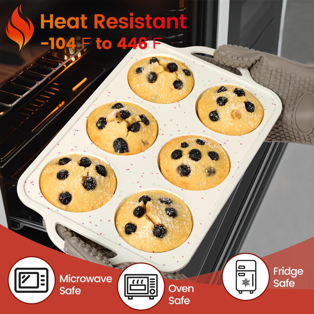 Silicone Muffin Pans for Baking, Metal Reinforced Frame Jumbo 6 Cups & Regular 12 Cups Cupcake Pan Nonstick Muffin Pan for Homemade Baking Easy to Handle