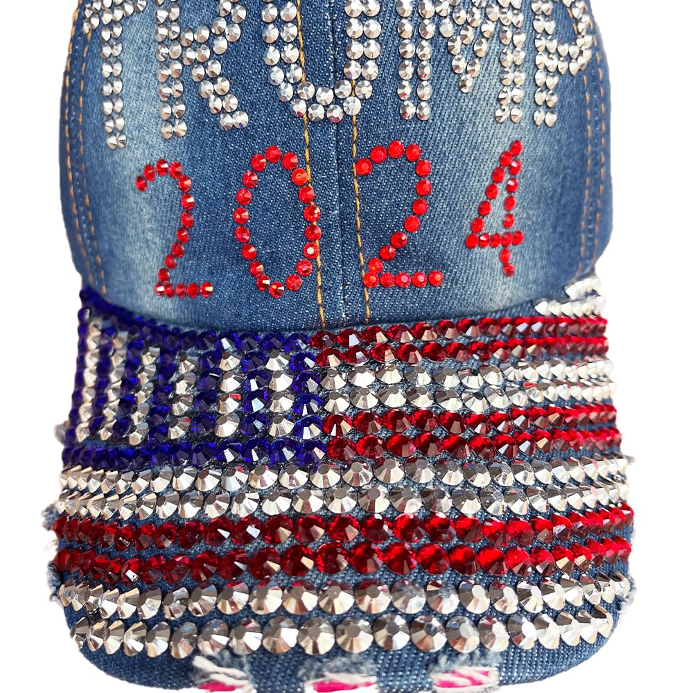 Gamusi Trump 2024 Baseball Cap Denim Distressed Bling Rhinestone Hat USA Flag Cap Adjustable Unisex (2024 Flag)