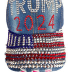 Gamusi Trump 2024 Baseball Cap Denim Distressed Bling Rhinestone Hat USA Flag Cap Adjustable Unisex (2024 Flag)