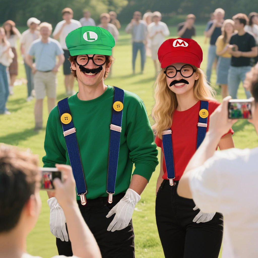 QRT Super Bros Costume Kit with Hat, Mustaches, Suspenders, Gloves Buttons ang Glasses frame for Halloween, Cosplay and Christmas (red&green)