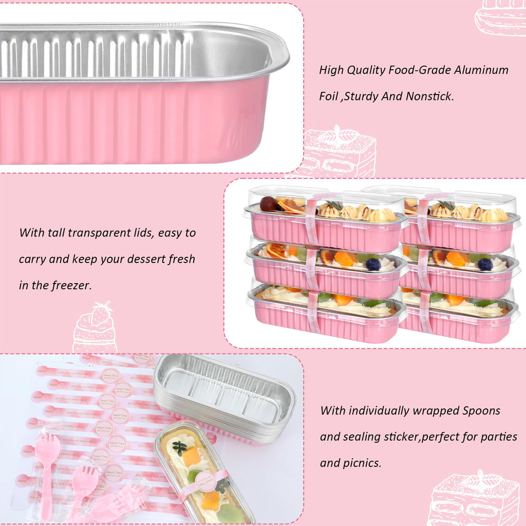EgticHome Mini Loaf Pans with Lids and Spoons (100 Pack, Pink, 6.8oz) Rectangular Aluminum Foil Baking Pans