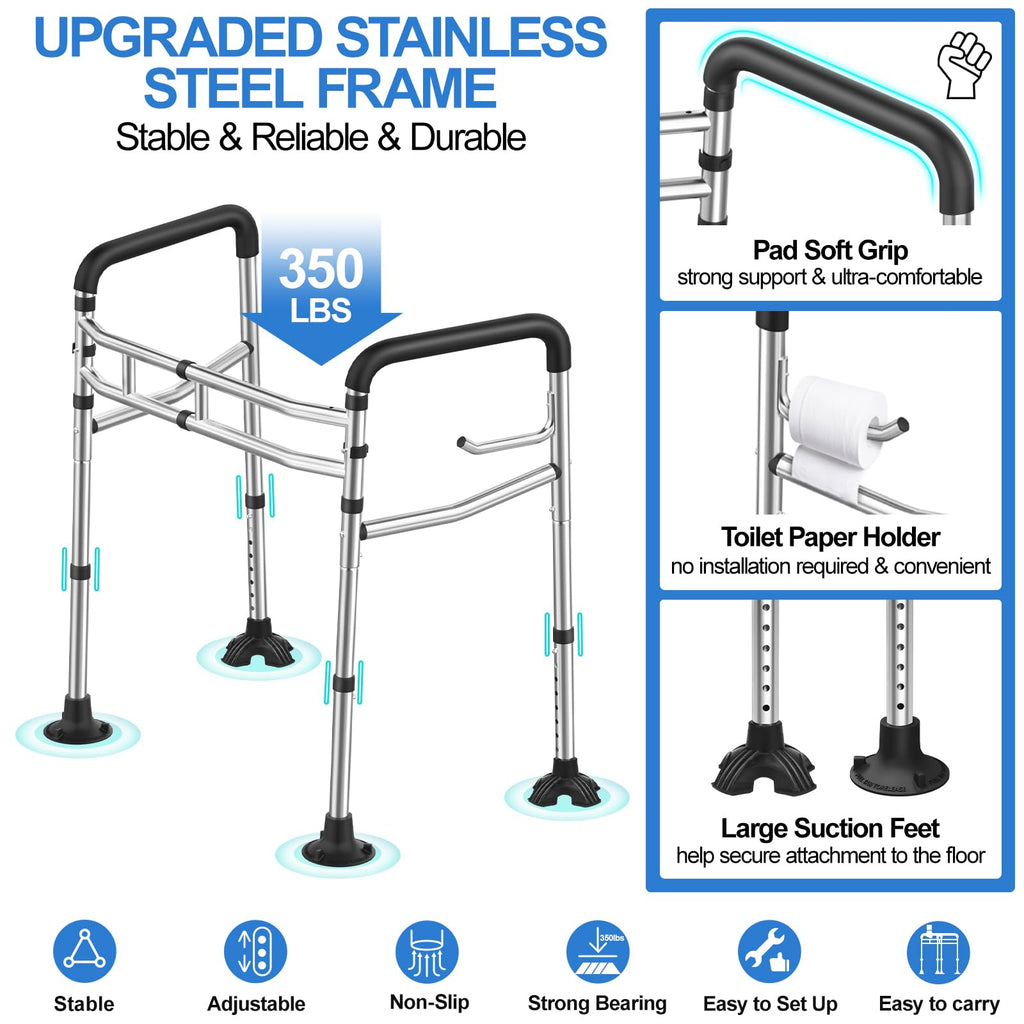 UGarden Upgraded Toilet Safety Rail, Stainless Steel Toilet Rail, 350LBS Toilet Rails for Seniors, Adjustable & Detachable Safety Frame for Toilet, Toilet Frame for Elderly Adults - Fits Most Toilets