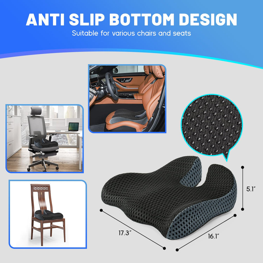 Raised Tail & Wide U-Shaped Memory Foam Seat Cushion for Hemorrhoid/Hip/Coccyx Pain Relief During Long Sitting/Driving - Seat Cushion for Office Chair,Car Seat,Wheelchair(Mesh Cover,Black)