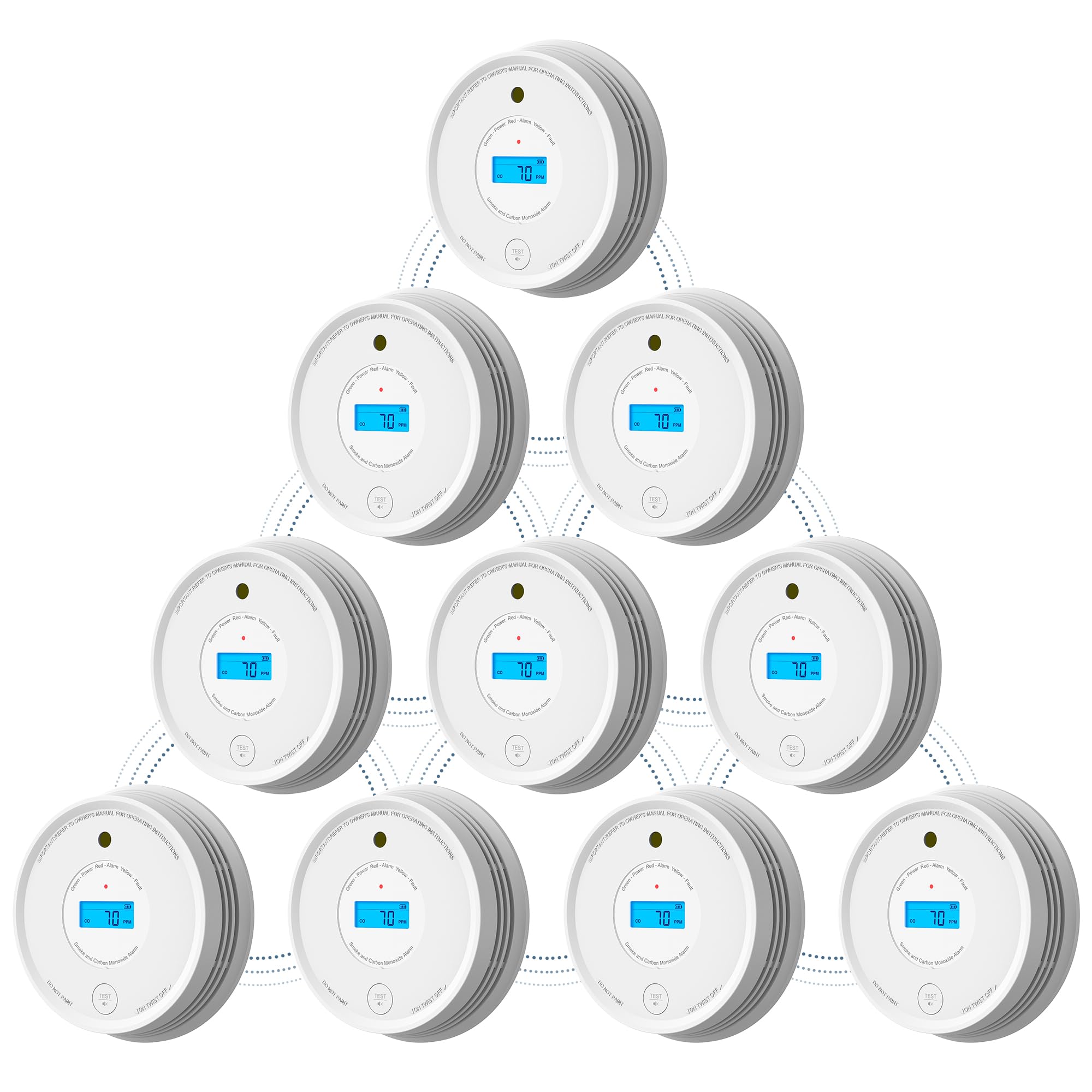 AEGISLINK Smoke Carbon Monoxide Detector, Interlinked Combination Smoke CO Alarm, Battery Powered, Wireless Interconnected, Digital Display, SC-RF220, 10-Pack