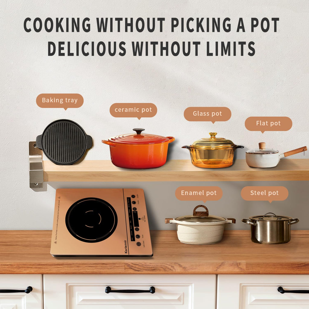 Karienvir Single Burner Electric Cooktop, Portable Electrics Stove 110v with plug, Touch Stove Electric with Safety Lock, Timer, Kitchen Cooking Cooktop With 9 Power Levels, 1800W(orange)