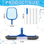 Potchen 3 Pcs Pool Cleaning Kit with Hand Skimmer Net, 47.24" Aluminum Pole and 17.5" Long Pool Brush Maintenance Accessory Tool for Above Ground Inground Ponds Home Tubs Spa