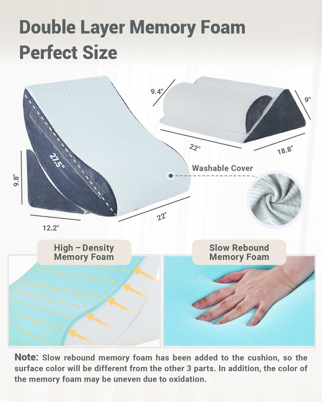 XICIKIN Orthopedic Bed Wedge Pillow Set, 2-Layer Memory Foam for Back, Leg Pain Relief, Comfortable Support, Post Surgery Adjustable Pillows Sitting and Sleeping(4pcs,22" Wide,White Grey)