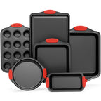 BAKKENMASTER Baking Set – 6 Piece Kitchen Oven Bakeware Set – Deluxe Non-Stick Black Coating Inside and Outside – Carbon Steel – Red Silicone Handles – PFOA PFOS and PTFE Free by Bakken
