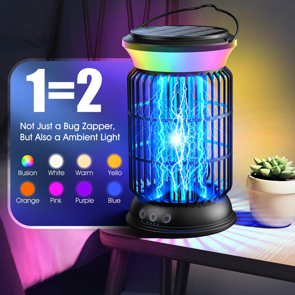 Solar Bug Zapper Outdoor, Cordless Mosquito Zapper, 4000mAh Rechargeable Bug Zapper, Electric Fly Zapper, Smart Auto ON/OFF Insect Zapper with 5 Modes for Outdoor, Patio, Kitchen, Bedroom