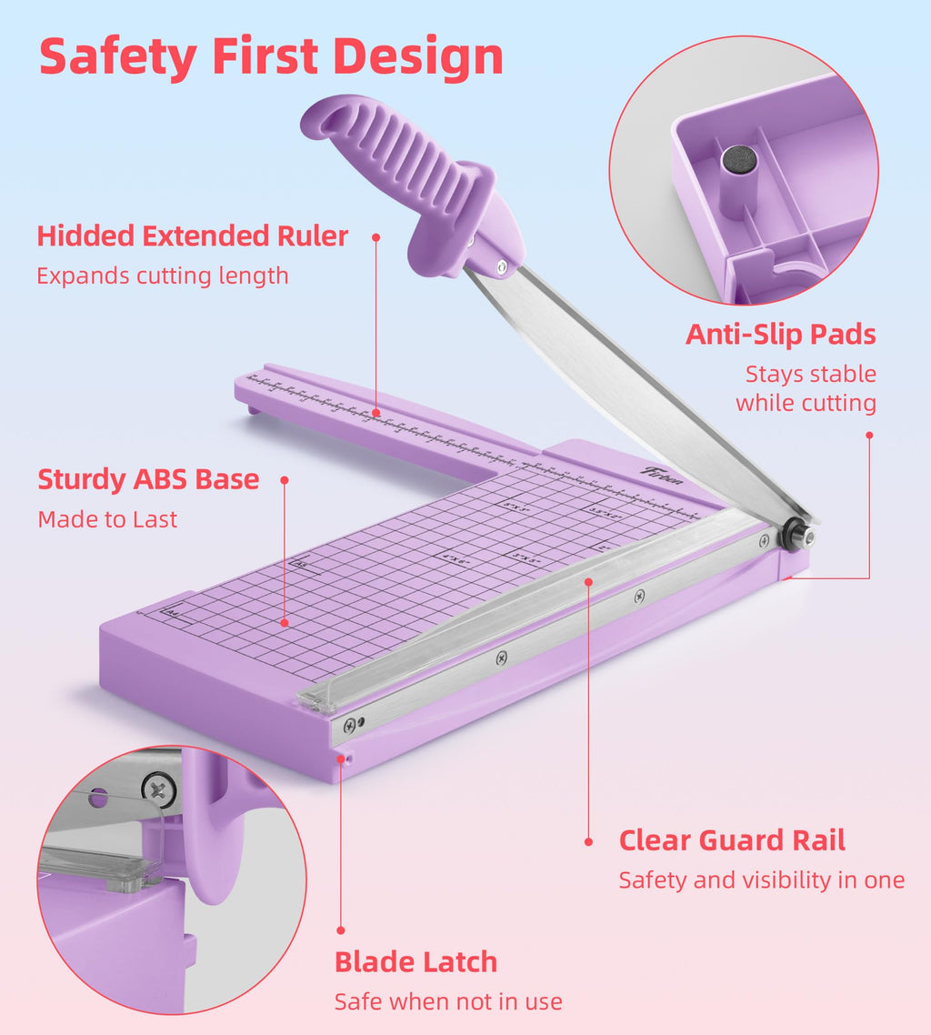 12" Guillotine Paper Cutter with Hidden Ruler, Compact Heavy Duty 12-Sheet Capacity Trimmer for Cardstock, Photos, Scrapbooking, Office, Classroom, Studio (Purple)