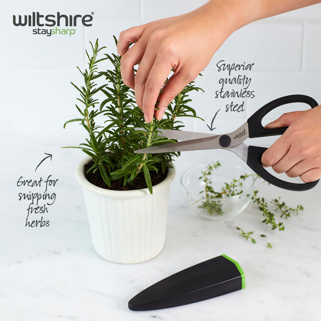 Wiltshire Staysharp Scissors, Kitchen Scissors with Built-in Sharpener, Sharp at All Times, Slim Design Scabbard, Pull-Apart, Soft Touch Handles for Easy Cleaning, Black, 10-Year Guarantee