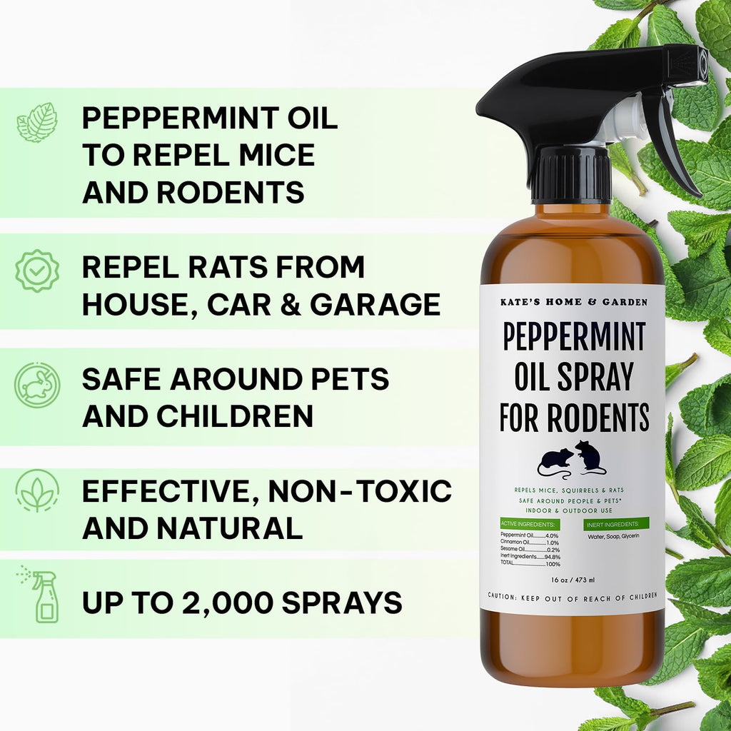 Kate Naturals Peppermint Oil Spray for Rodents, Squirrels, Mouse, Bat, Rat, Car Engines, Mice (16oz, Non-Toxic Rodent Repellent, Pet Safe)