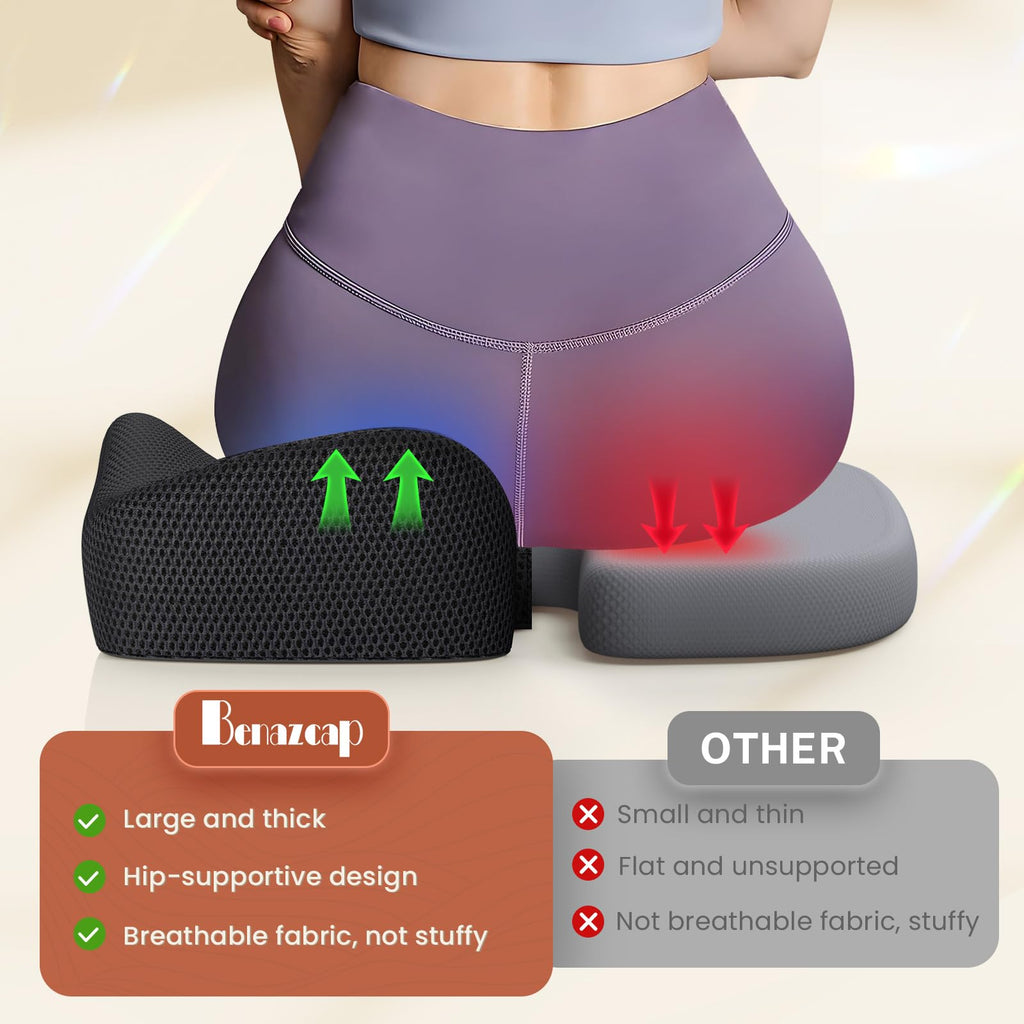 Benazcap Seat Cushion, Memory Foam Cushion for Office Chair - Ergonomic Chair Cushions for Tailbone Pain Relief, Sciatica & Back Support with Breathable Case, Office Chair Cushion & Car Seat Cushion