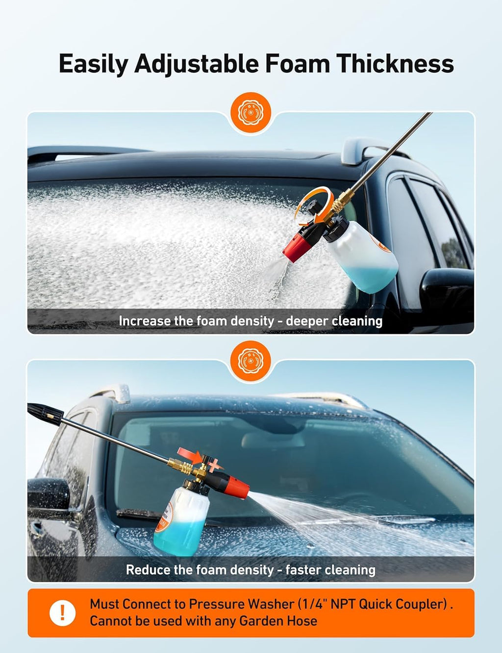 AstroAI Foam Cannon, Heavy Duty Car Foam Blaster Wide Neck Adjustable Snow Foam Lance and Thick Foam for Pressure Washer with 1/4" Quick Connector,1L Bottle & 5 Nozzles