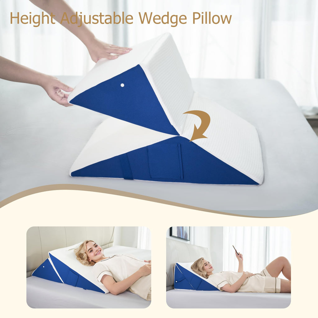 Pilyore Wedge Pillow for Sleeping, 7-in-1 Adjustable Bed Wedge Pillow for Back/Leg Support, 10" & 12" Triangle Pillow Wedge Elevated Pillows for Sleeping with Handle and Washable Cover, Blue & White