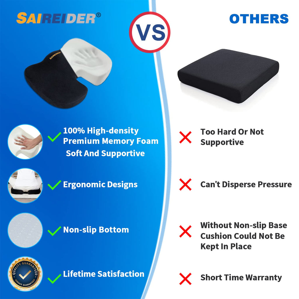 SAIREIDER Office Chair Cushion, Car Seat Cushion, Memory Foam Coccyx Cushion Pads for Tailbone Pain, Sciatica Relief Pillow, Correct Sitting Posture (Black)