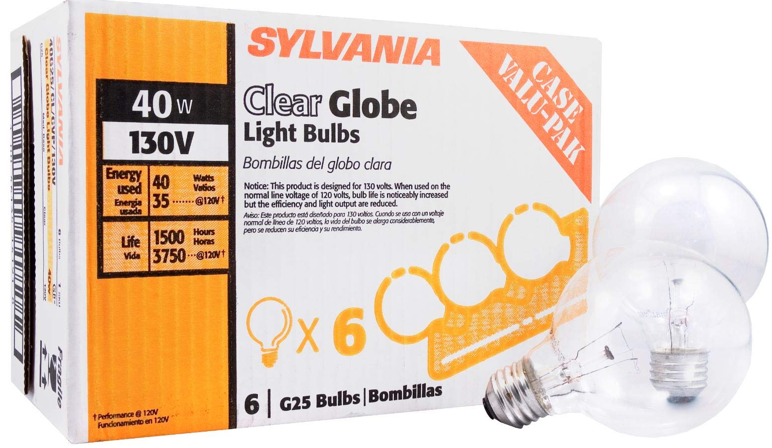 Sylvania 40 Watt Vanity Light Bulbs 6 Pack - Incandescent E26 Medium Base Globe Bulbs for Bathroom, Dimmable G25 Type G Round Vanity Bulbs 40W, 130V Clear Warm White