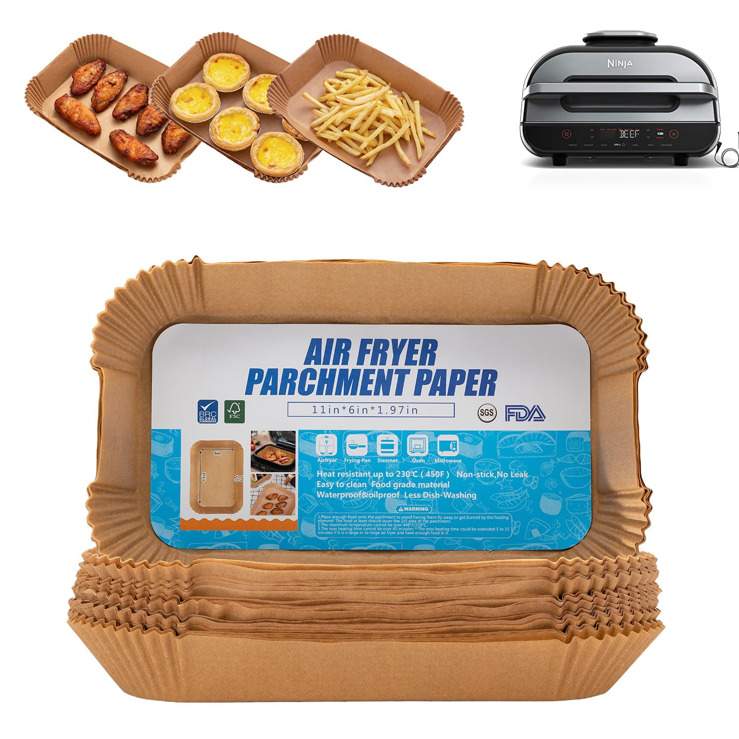 Air Fryer Liners For Ninja Foodi XL Smart FG551 6-in-1 Indoor Grill,100PCS Rectangular Air Fryer Disposable Paper Liner, Parchment Paper Liners for Ninja Smart Xl Air Fryer