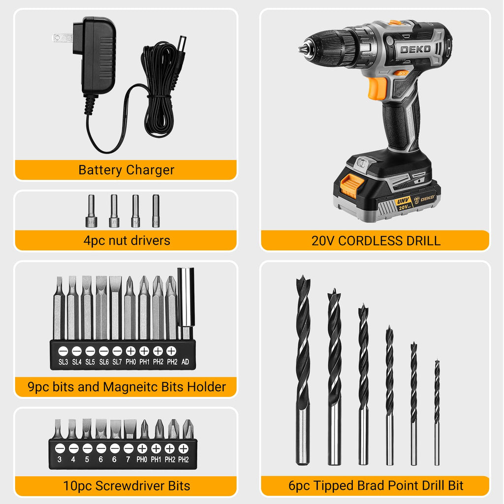 Power Drill Cordless: DEKOPRO Cordless Drill 20V Electric Power Drills Set Tool Drills Cord-less Set with Battery and Charger