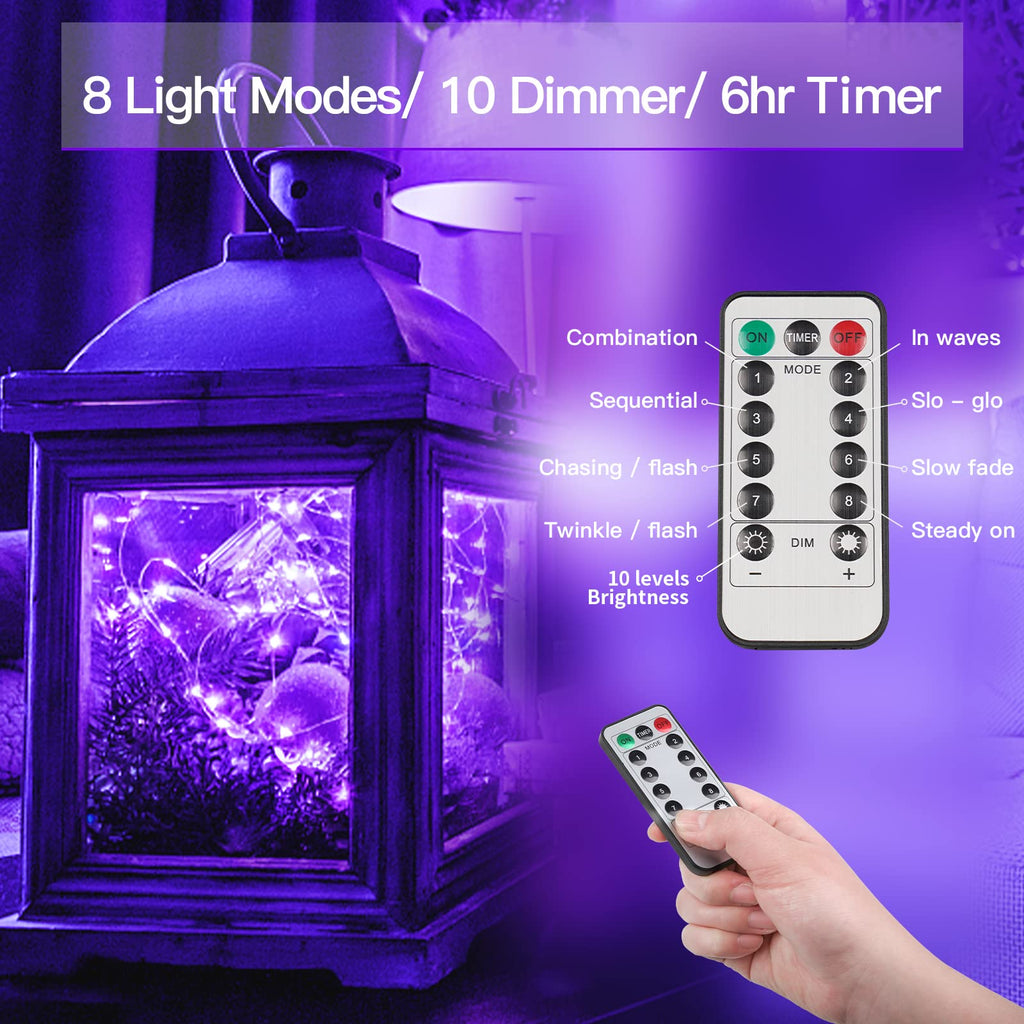 suddus Christmas Fairy Lights Battery Operated, 33ft 100 LED Fairy Lights with Remote, Purple String Lights for Outside, Porch, Home, Backyard, Window, Yard, Garland, Party Decorations