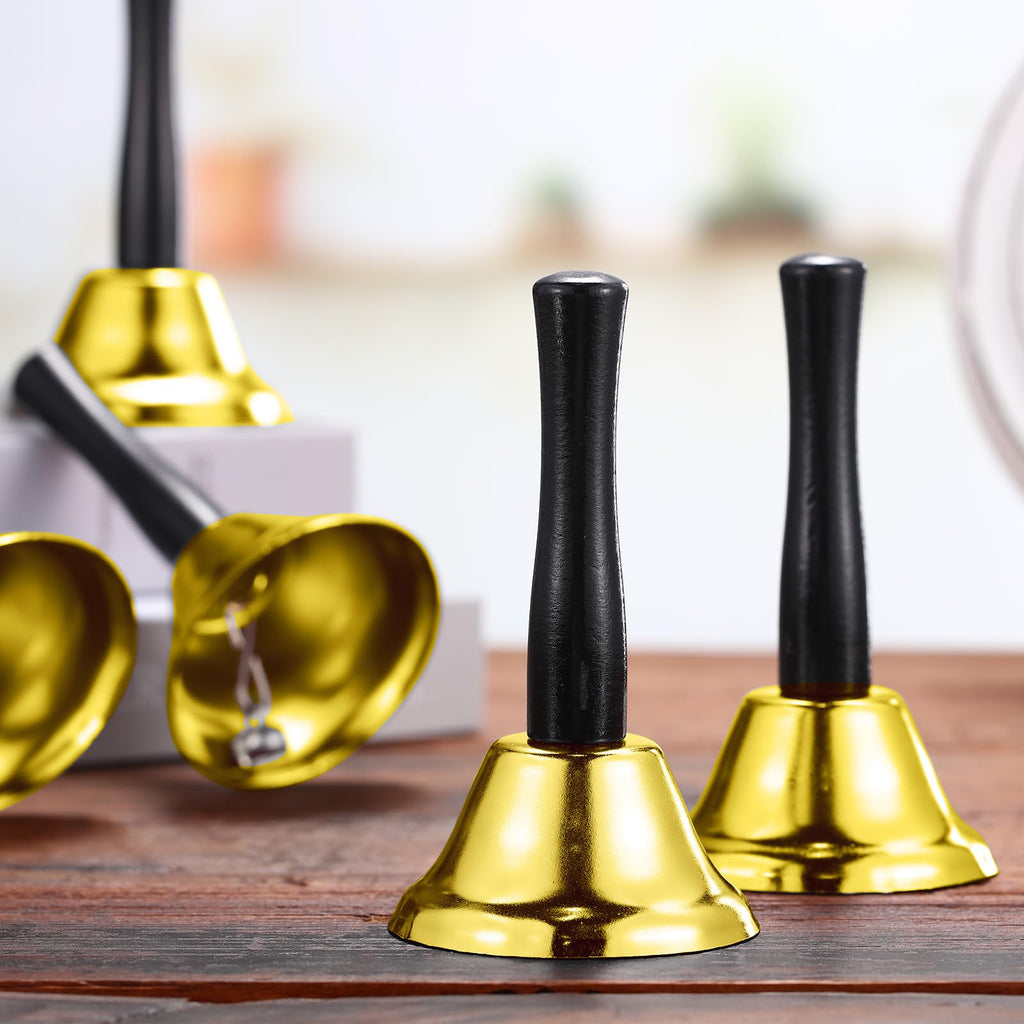 Fumete 100 Pcs Metal Ringing Bells Wedding Bells Dinner Service Call Bell Steel Handbells with Wooden Handle for Wedding Decors Schools Musical Percussion The Sick Elderly Alert(Gold)
