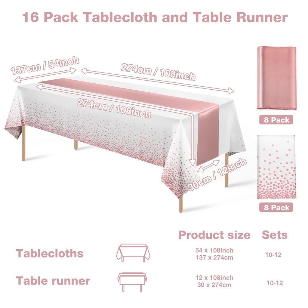 Disposable Plastic Tablecloth (White and Rose Gold Dot) And Satin Table Runner (Rose Gold) Set for Wedding Birthday Baby Shower Anniversary Christmas New Year Party, 16 Pack