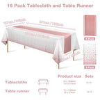 Disposable Plastic Tablecloth (White and Rose Gold Dot) And Satin Table Runner (Rose Gold) Set for Wedding Birthday Baby Shower Anniversary Christmas New Year Party, 16 Pack