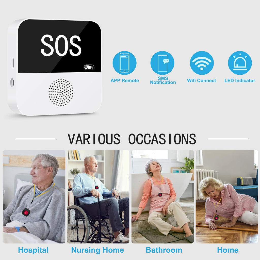 WiFi Wireless Caregiver Pager Call Button System Emergency Alert Button for Seniors Patient Disabled Elderly 1 Panic Button 1 Receiver(only Supports 2.4GHz Wi-Fi)