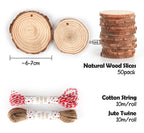 50Pcs Wood Slices 2.4"-2.8" Unfinished Natural Wood Rounds with Pre-drilled Hole and 66Feet Twine String, Wood Slices for Wood Burning Painting DIY Crafts Christmas Ornaments Party Wedding Decor