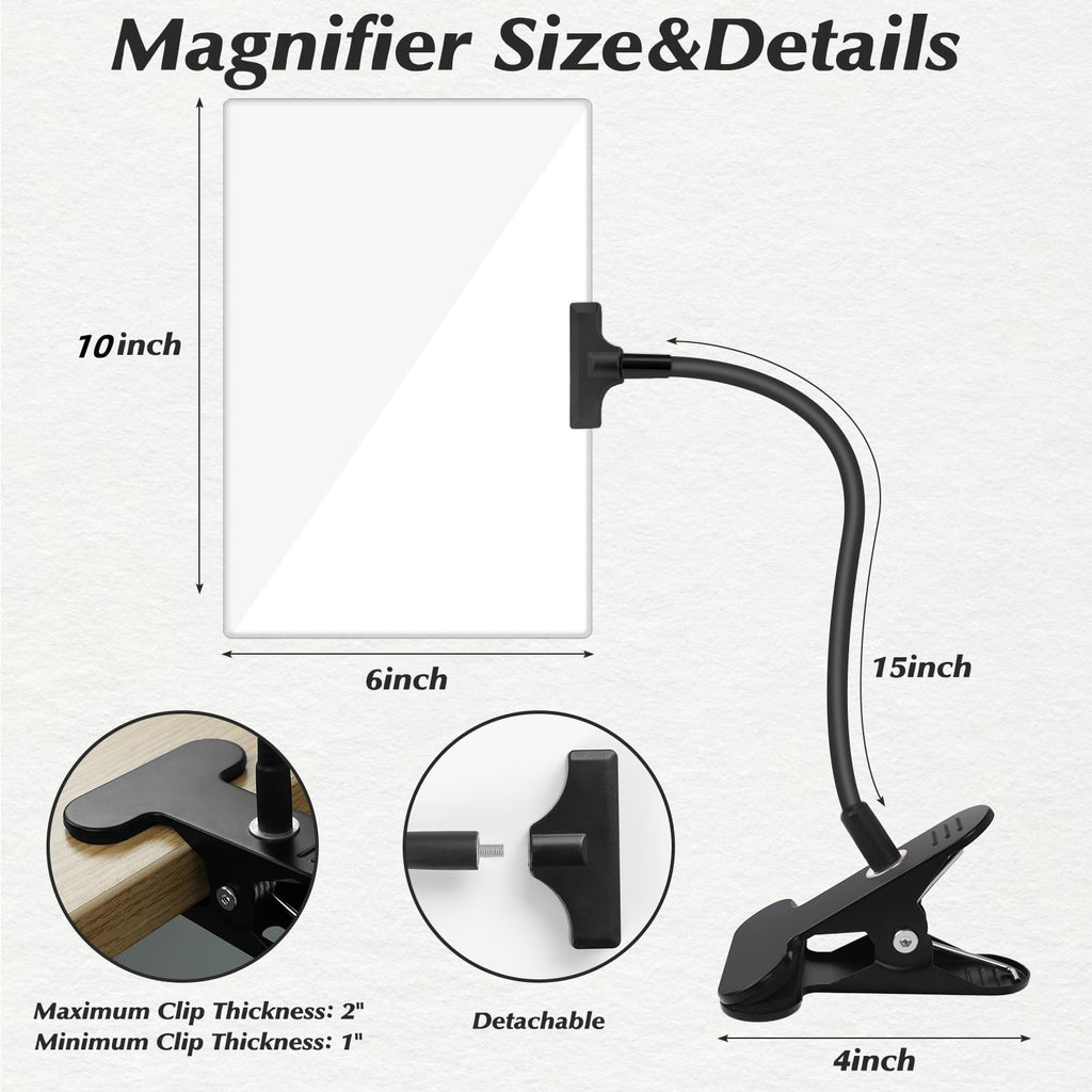 5X Magnifying Glass with Clip, 10x6 inch Large Page Magnifier with Clamp Adjustable Flexible Gooseneck,Clip on Magnifying Glass for Daily Hobbies, Reading, Crafts, Painting,Black