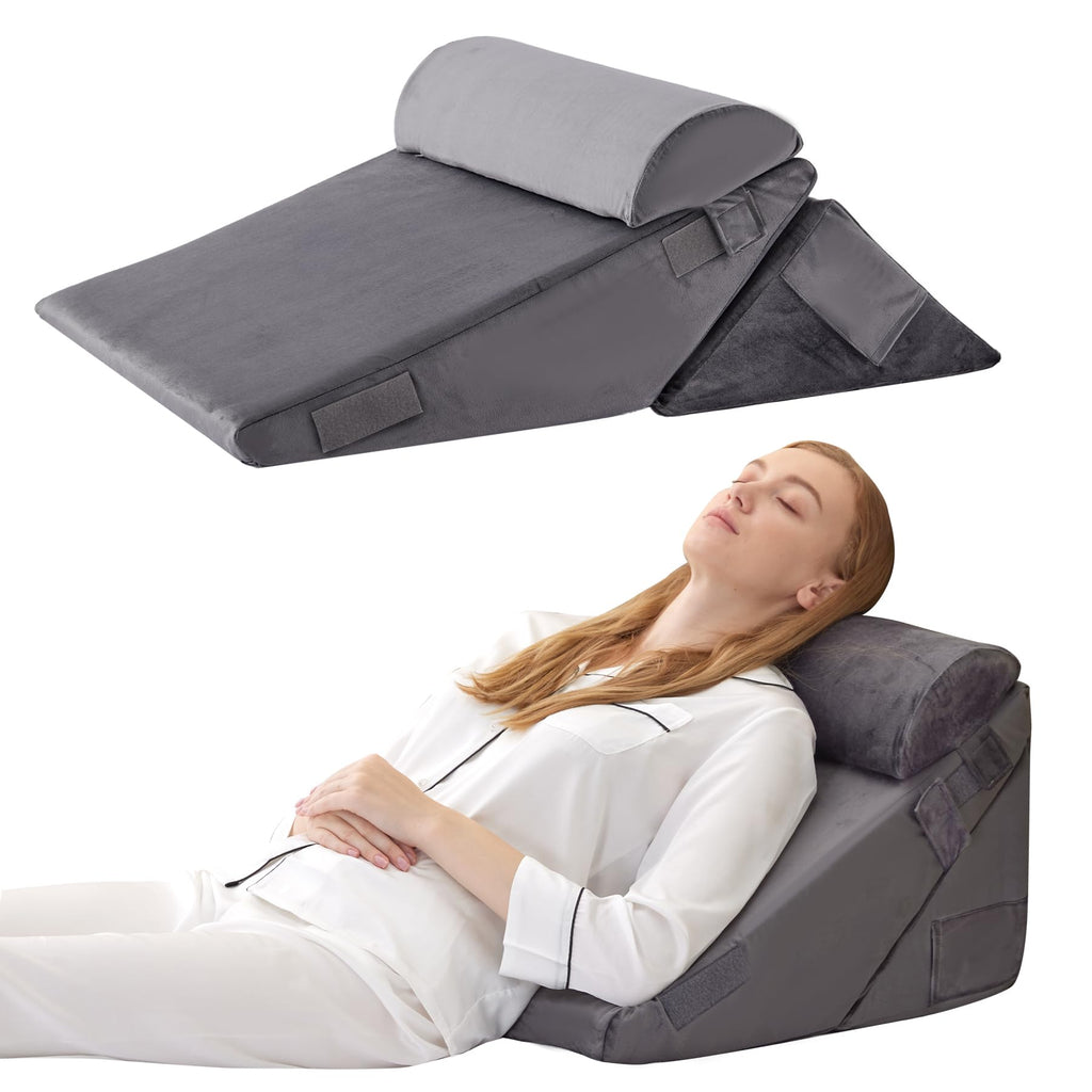 Bedluxe 3Pcs Orthopedic Bed Wedge Pillow Set, Foam Wedge Pillow Post Surgery for Back, Leg and Knee Support, Adjustable 9&12 Inch Folding Triangle Pillow for Sleeping, Acid Reflux, Snoring, Velvet