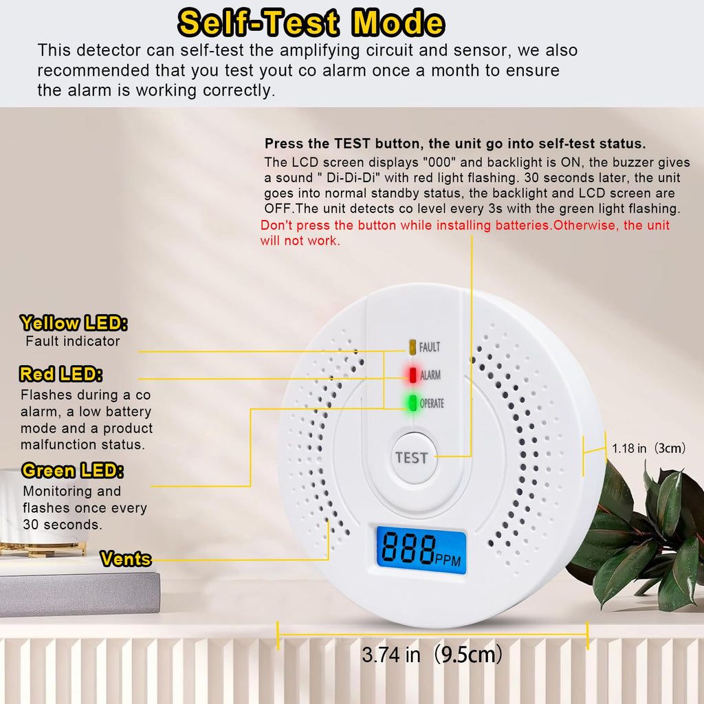 Carbon Monoxide Detector,CO Gas Monitor Alarm Detector Replaceable Battery with Digital LCD Display and Sound Warning for Home/Kitchen/Bedroom