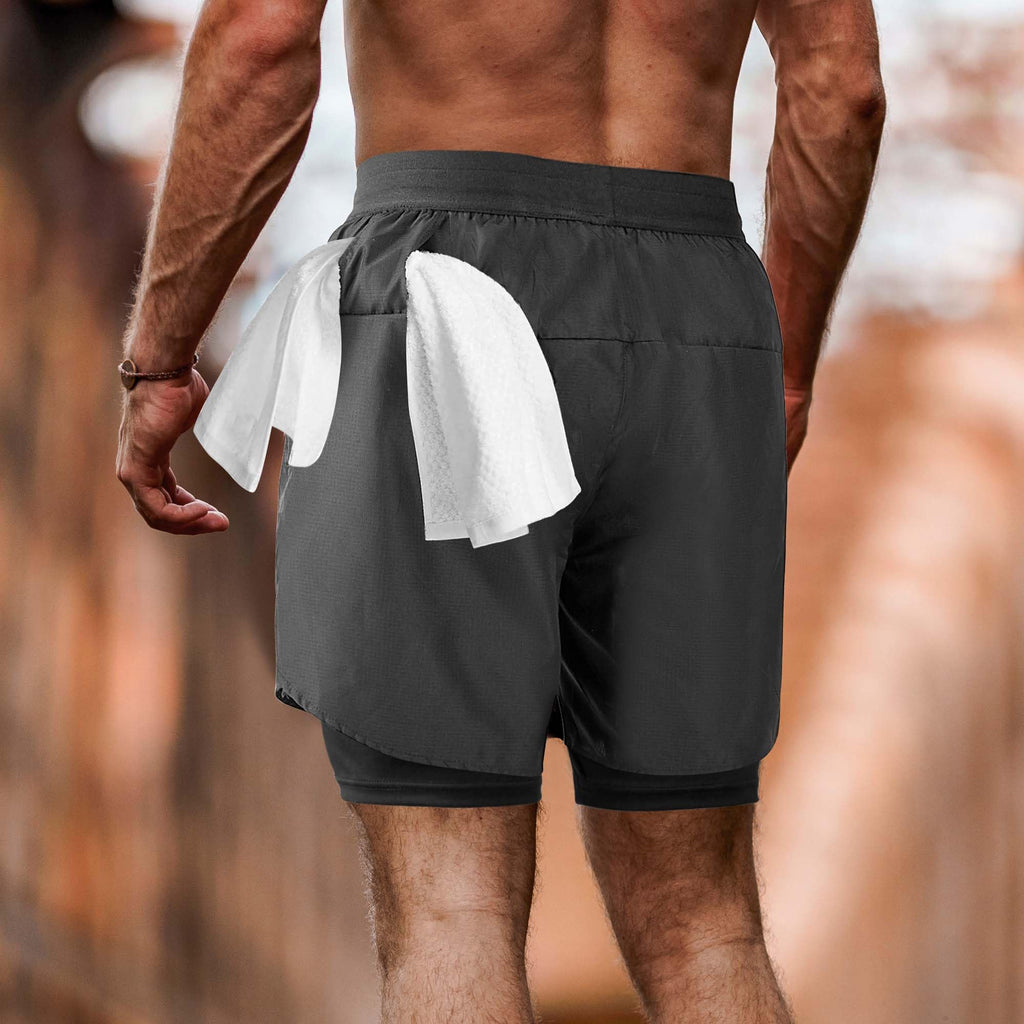 Men's 2 in 1 Running Shorts Workout Athletic Shorts Outdoor Sports with Liner Lightweight Training Yoga Gym Shorts with Phone Pockets Dark Gray
