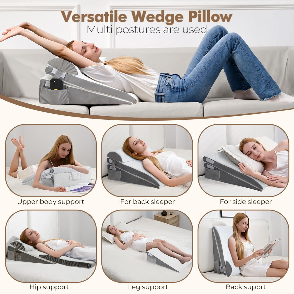 ENITYA Bed Wedge Pillow for Sleep Apnea - 3PCS Wedge Pillow for Acid Reflux Relief/Back Pain Relief/Sleeping/After Surgery/Leg Support - Memory Foam Top, Washable Cover, White