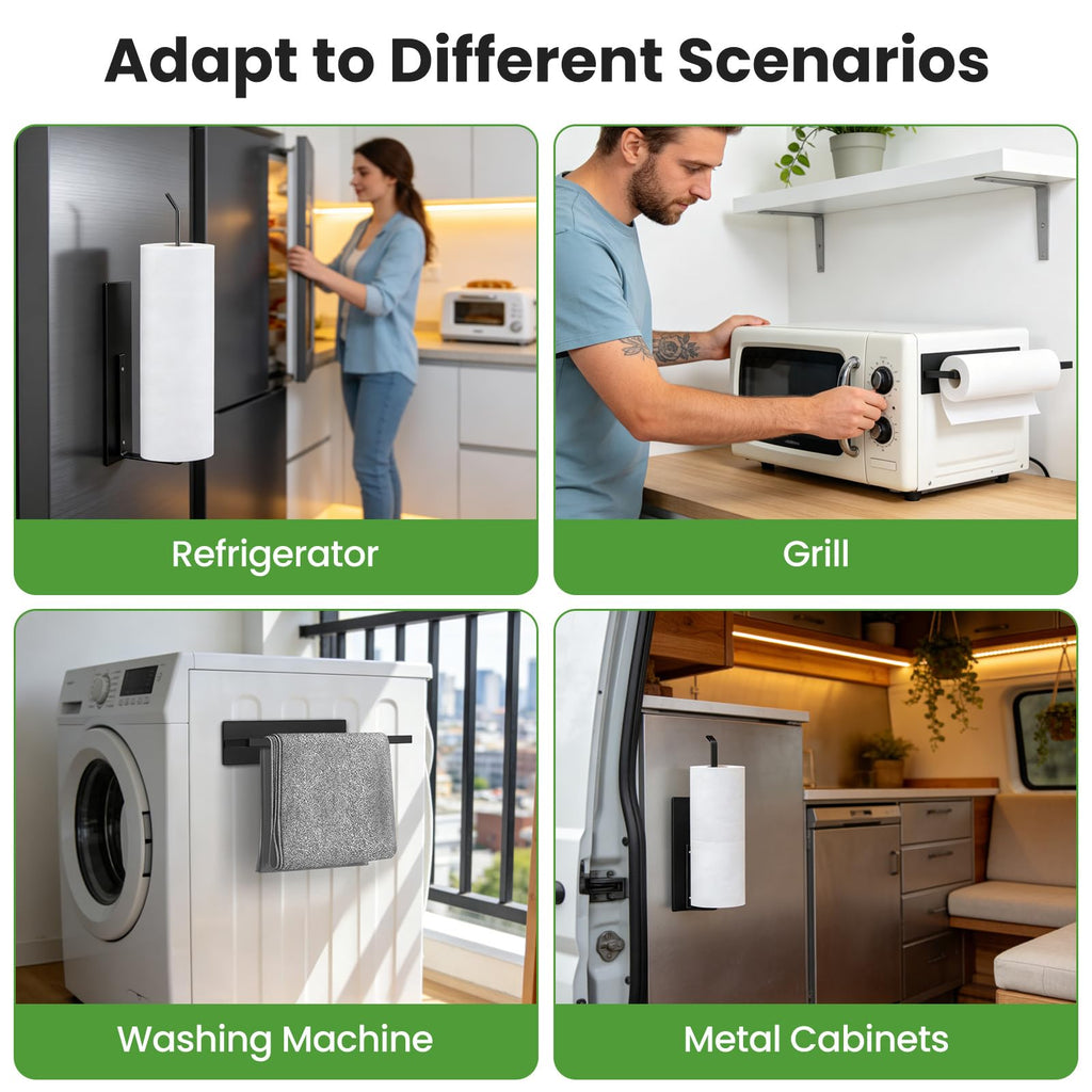 Paper Towel Holder, Magnetic Paper Towel Holder for Fridge, Toilet Paper Roll Holder Magnet Towel Rack Wall Mount Fridge Organizer for Paper Towels Rolls Bathroom Pantry RV Kitchen Storage