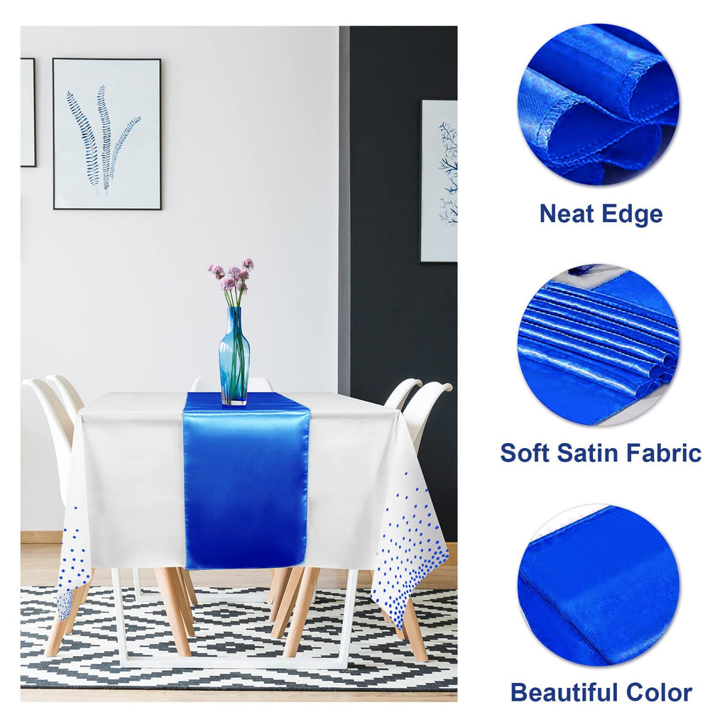 16Pack Disposable Plastic Tablecloths and Satin Table Runner Set White and Blue Dot Tablecloth Blue Satin Table Runner for Wedding Birthday Baby Shower Anniversary Christmas New Year Party Supplies