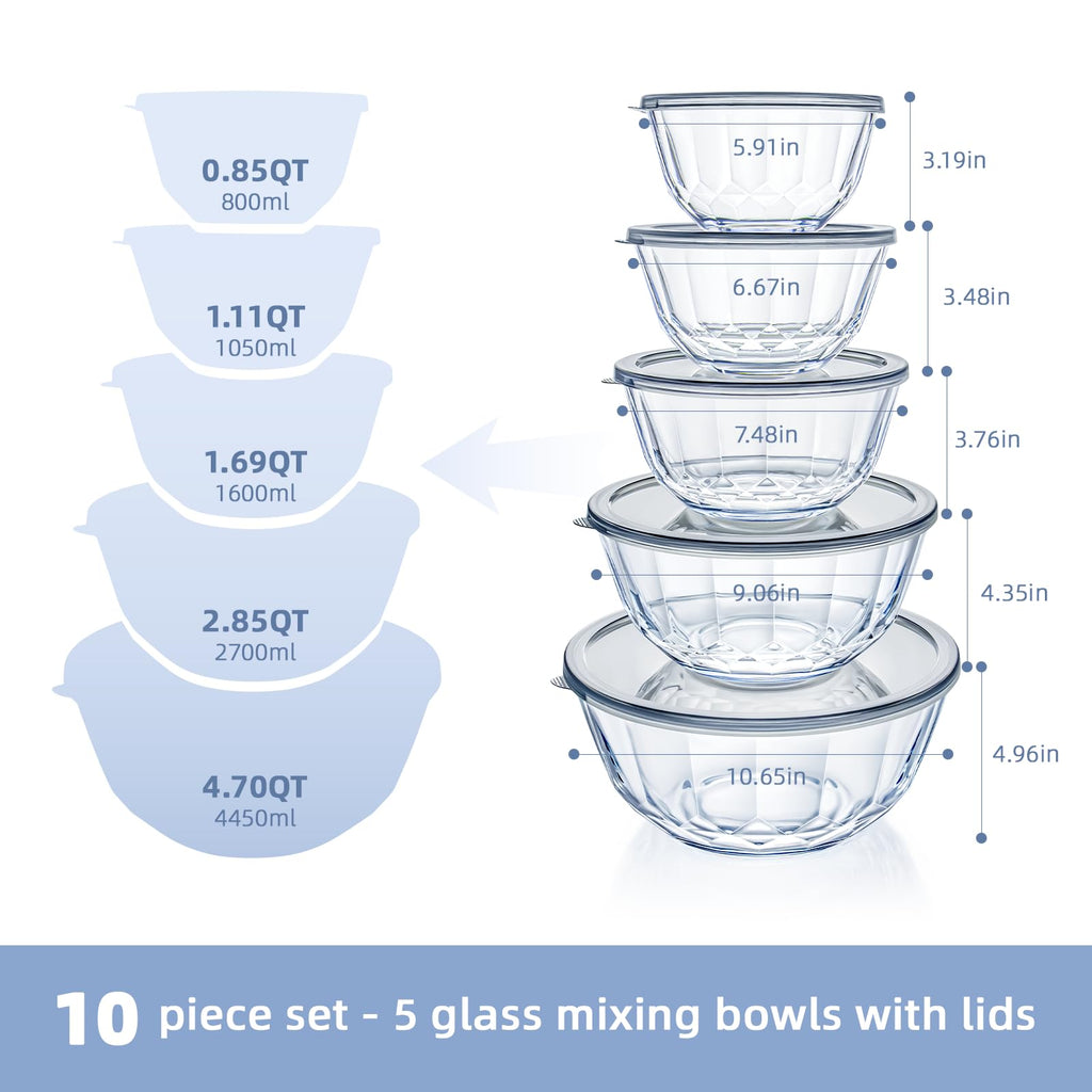 WhiteRhino Glass Mixing Bowls with Lids Set of 5（4.70QT,2.85QT, 1.69QT,1.11QT,0.85QT,Glass Bowls with Lids,Large Salad Bowls Space-Saving Nesting for Cooking,Baking,Prepping,Dishwasher Safe