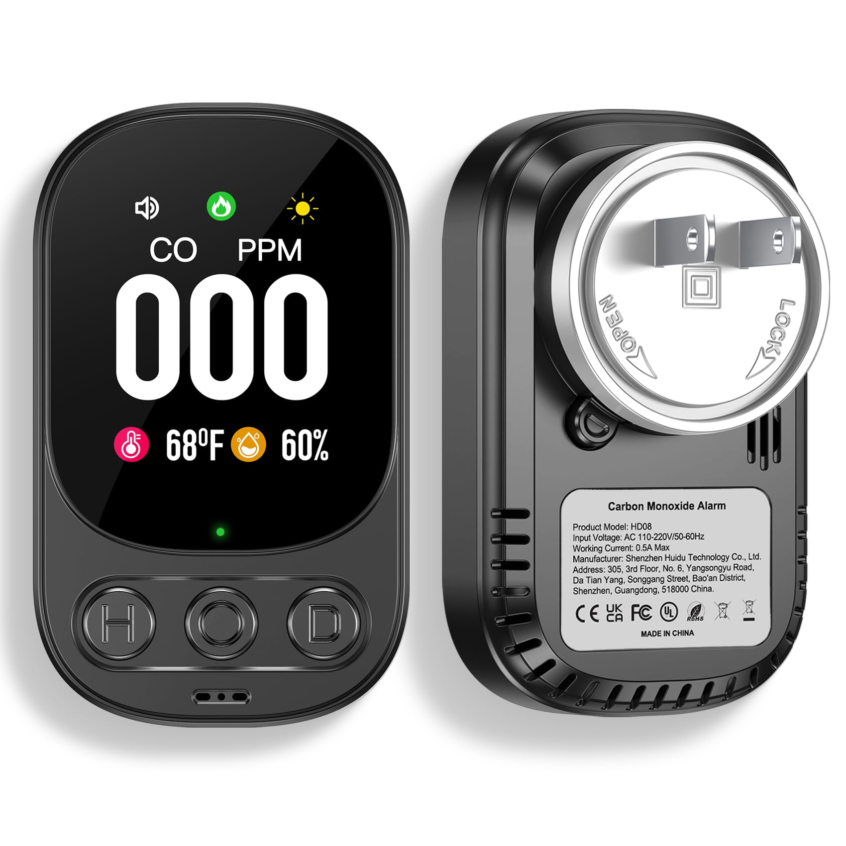 Lunarlipes Carbon Monoxide Detector Plug in Wall, 3-in-1 CO Level Monitor Alarm with Temp/Humidity Sensor, Portable Carbon Monoxide Detectors Easy to Read & Install, for Home/Hotel/RV (Black-1Pack)